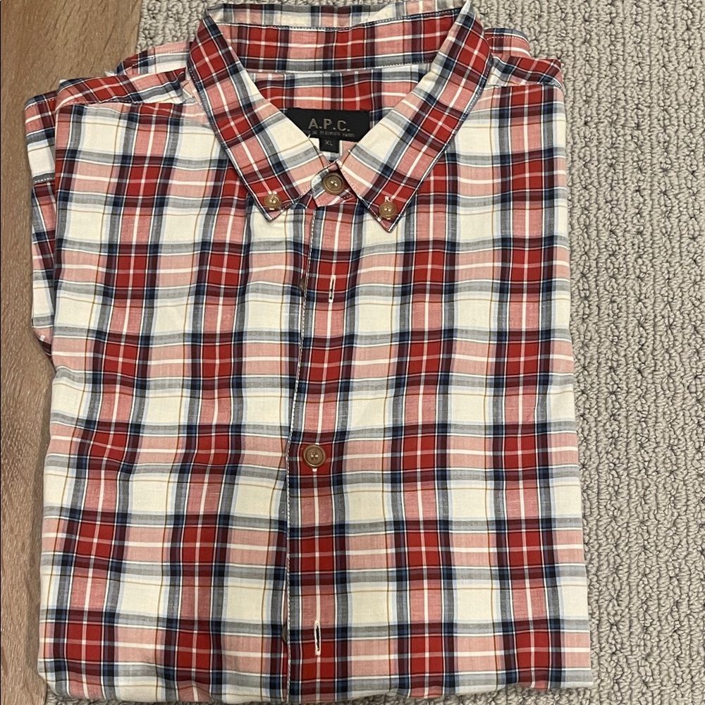 A.P.C. Men's Red and White Plaid Shirt
